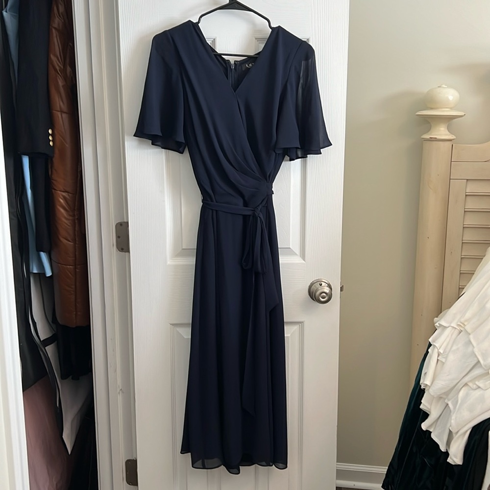 Ralph. Lauren, navy blue wrap dress.